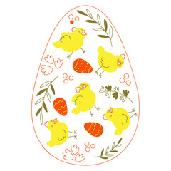 Template with funny chickens, branches and Easter eggs inside a big egg. Tricolor vector illustration.
