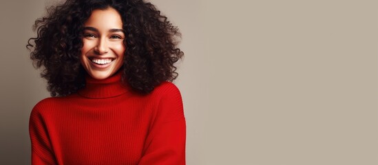 A dark-haired woman wearing a red sweater smiles directly at the camera. She appears happy and confident as she poses for the photo. - obrazy, fototapety, plakaty