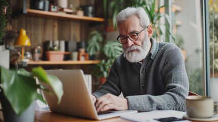 senior man wearing glasses, sitting at his cozy workplace with laptop at home