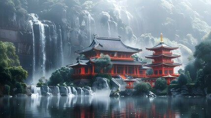 Looping animation of animeinspired temple with waterfall in serene landscape setting. Concept Looping Animation, Anime Inspired, Temple, Waterfall, Serene Landscape