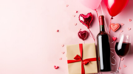 Obraz na płótnie Canvas Bottle of red wine on colored background for Valentine Day with gift, Hearts, top view with copy space.
