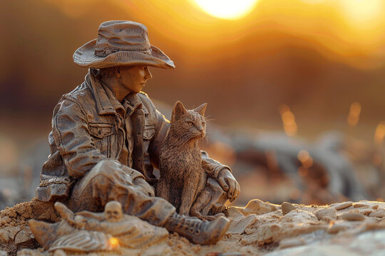 A peaceful scene with a cowboy and cat side by side watching the sunset in a sand sculpture style
