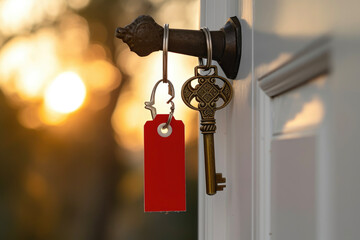 A keychain with a bronze key and a red tag hanging from a doorknob of a white house with a black roof