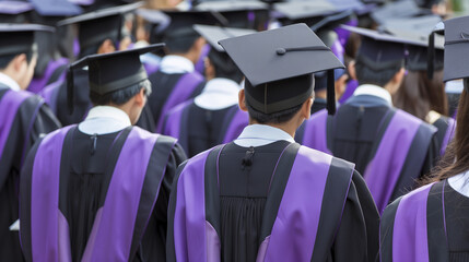 Back side view a group higher education graduation of graduates during commencement. Education concept.