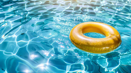 Bright yellow float in the crystal clear water surface of a swimming pool. holiday and summer vacation concept.