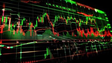 Fluorescent digital stock market chart analysis - A vibrant display of swirling stock market charts and graphs, showcasing the energetic pulse of financial markets