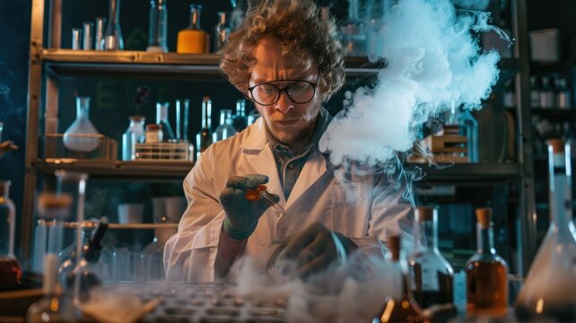 Scientist conducting experiment with smoke - An intense image of a scientist deeply focused on a steaming experiment in a lab full of various chemicals
