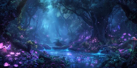 Fototapete Rund An enchanted forest with magical creatures, glowing plants, ancient trees, a hidden fairy village, mystical ambiance. Resplendent. © InfiniteFlow