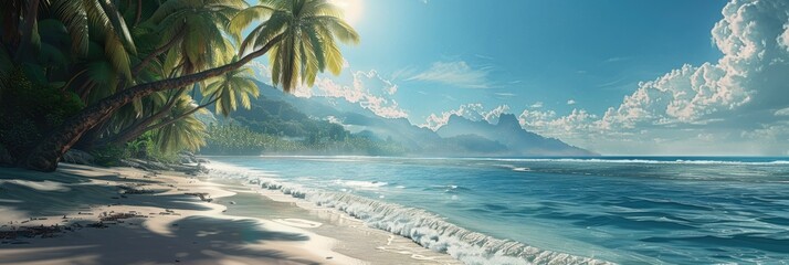 Tropical beach with clear sky and palm trees - A serene beach scene with clear blue skies, gentle waves lapping the shore, and lush palm trees swaying in the wind - obrazy, fototapety, plakaty