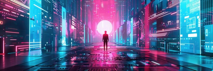 Futuristic digital cityscape with a mysterious figure - A neon-drenched digital metropolis with a silhouetted figure standing before a bright portal, depicting a sci-fi narrative