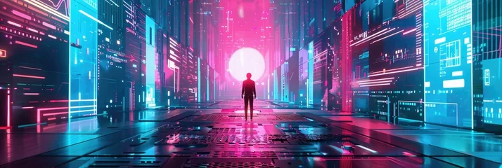 Foto op Plexiglas Futuristic digital cityscape with a mysterious figure - A neon-drenched digital metropolis with a silhouetted figure standing before a bright portal, depicting a sci-fi narrative © Tida