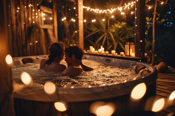 Obraz na płótnie Canvas A couple relaxing in a hot tub with bubbles and candles