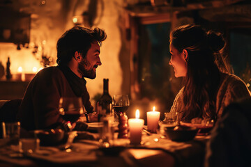 A couple having a romantic dinner with candles and wine