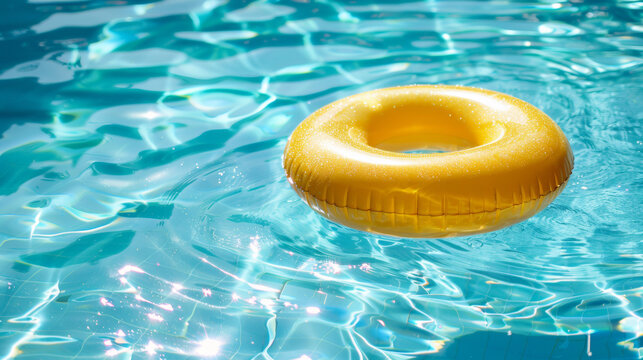 Bright yellow float in the crystal clear water surface of a swimming pool. holiday and summer vacation concept.
