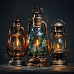 three oil lamps arranged artistically, each with its clipping path