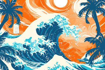 A background with a surfing pattern in shades of orange and blue
