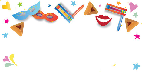 Happy Purim! translate from Hebrew, Jewish holiday Purim carnival festival kids event decoration with traditional symbols isolated mask, noisemaker grogger, ratchet, Hamantaschen cookies, masque gifts - obrazy, fototapety, plakaty