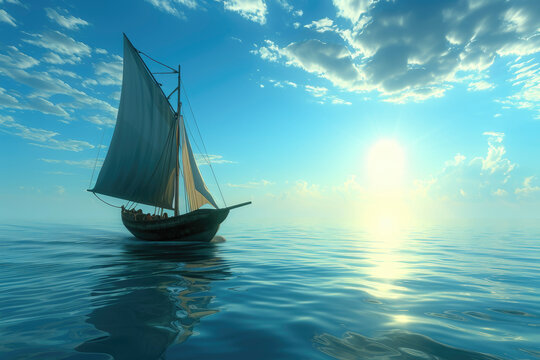A boat with a sail and a sea