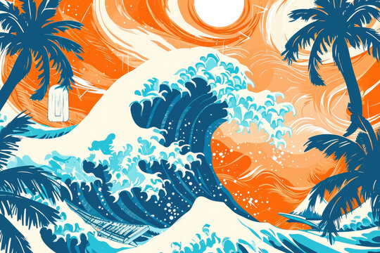 Fototapeta A background with a surfing pattern in shades of orange and blue