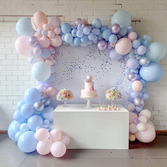 Fototapeta na wymiar cakesmash backdrop with pastel blues only and balloon arcade