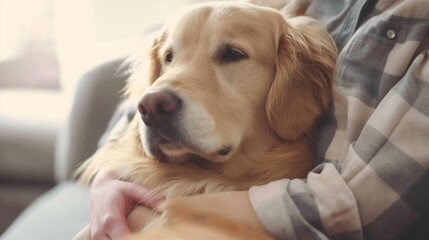 Comforting Embrace Between Person and Golden Retriever A person lovingly hugging their golden...