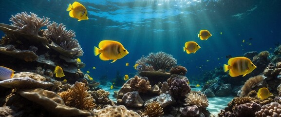 Beautiful colorful fish swim in the clear water near the coral reef: World underwater.