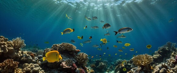 Fototapeta na wymiar Beautiful colorful fish swim in the clear water near the coral reef: World underwater.