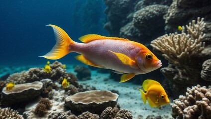Fototapeta na wymiar Beautiful colorful fish swim in the clear water near the coral reef: World underwater.