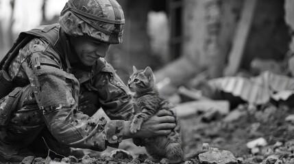 A poignant moment between a young soldier and a cat in a desolate war environment. Black white foto. - obrazy, fototapety, plakaty