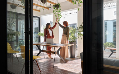 Happy professional business women, two smiling female partners entrepreneurs celebrating work...