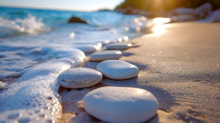 Tranquil Beach Scene with Smooth Stones Along the Shoreline: A Peaceful Escape. Concept Beach Photoshoot, Serene Setting, Relaxing Photography, Coastal Retreat, Zen Vibes
