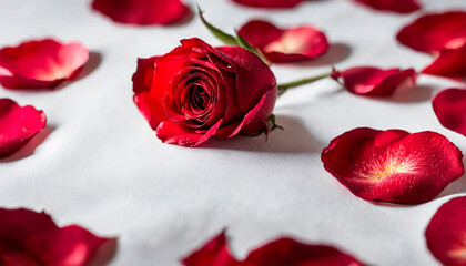 rose and rose petals on a white background. Selective focus.