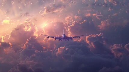 Passenger aircraft in mid-flight against a backdrop of a purple sunset sky, concept Airline advertising, travel by plane. - obrazy, fototapety, plakaty