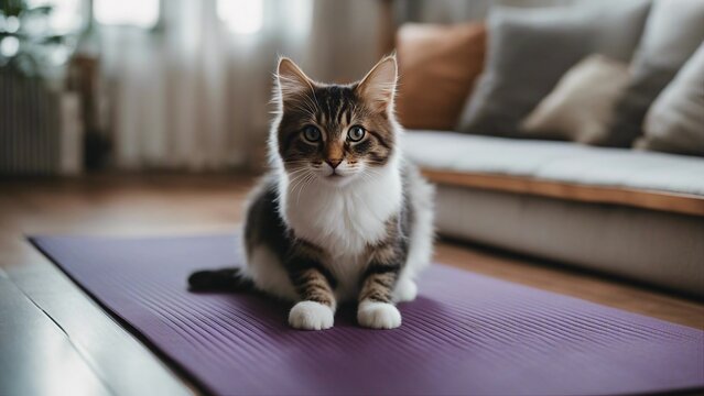 Cat sitting on a yoga mat. The Kitten is on the mat for yoga, fitness. Lesson motivation for sports 