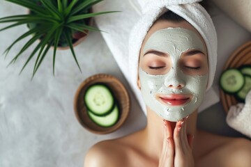 Surrounded by fresh flowers and a softly flickering candle, a young woman indulges in a nourishing facial mask treatment, embracing a moment of relaxation and self-care.