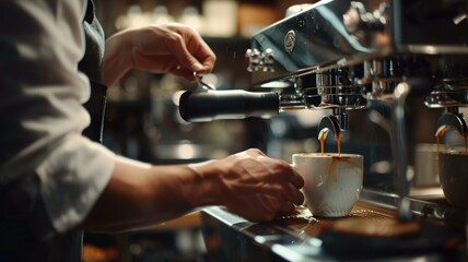 Fototapeta na wymiar Barista preparing espresso in cafe - A skilled barista is meticulously preparing a fresh, aromatic espresso using a professional coffee machine in a cozy cafe setting