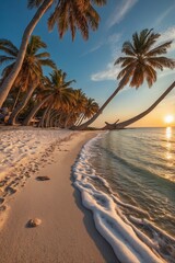 White sandy beach with azure blue water and palm trees in a beautiful summer sunset hour