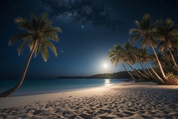 White sandy beach with azure blue water and palm trees in a beautiful moonlit quiet night