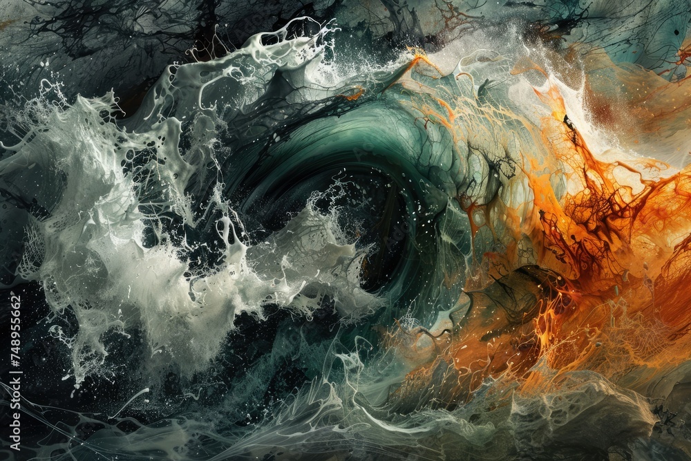 Poster Fiery and cool abstract fluid collision - An intense and vibrant abstract representation of two contrasting fluid forces colliding, symbolizing conflict and harmony