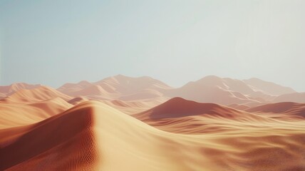 Naklejka premium Warm desert dunes under a clear sky - A minimalist composition of smooth, flowing desert sand dunes bathed in warm sunlight under a blue sky, exuding peace