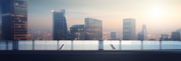 Corporate office interior overlooking a misty cityscape with reflective surfaces.