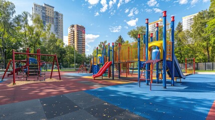 Large playground in city park, empty modern kids playground in summer. Panorama of urban area for children's games and sport. Scenic panoramic view of playing place in town. Scenery of gym outdoor.