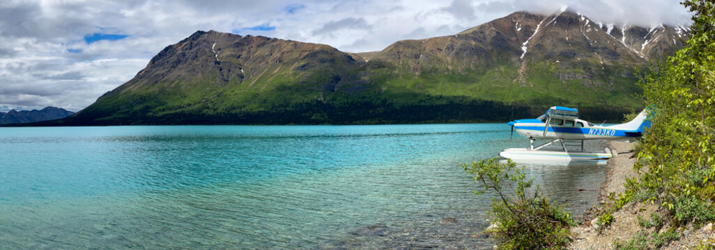 Lake Clark National Park, Alaska: Cessna seaplane on Upper Twin Lake, Twin Lakes near Dick Proenneke's cabin site, accessible by float plane, boat or snow machine. 