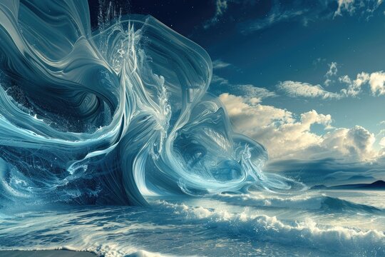 Abstract waves in a turbulent ocean - A dynamic and detailed abstract digital artwork depicting the powerful energy of tumultuous ocean waves in motion