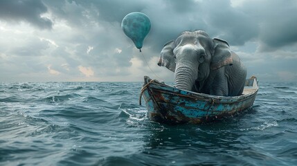 An elephant sits in a small boat on a wavy ocean, holding a blue balloon with its trunk under a cloudy sky. - Powered by Adobe