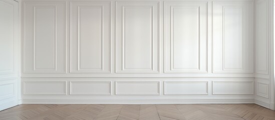 A minimalist empty room with white walls and wooden floors. The room features built-in wardrobes with white sliding doors along one wall and white wooden carpentry.