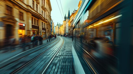 Fototapeta na wymiar Dynamic image capturing the blur of a red tram in motion on cobblestone streets, with the iconic Gothic towers of Prague in the background on an overcast day.
