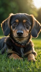 A cute dog lies on the lawn on short cropped grass and looks sweetly into the frame, a funny dachshund puppy is a perfect lawn