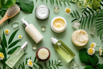 A serene arrangement of natural skincare products with plants and flowers on a soothing green background, embodying organic beauty care.