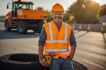 Smiling road worker in orange uniform: Professional smiling.